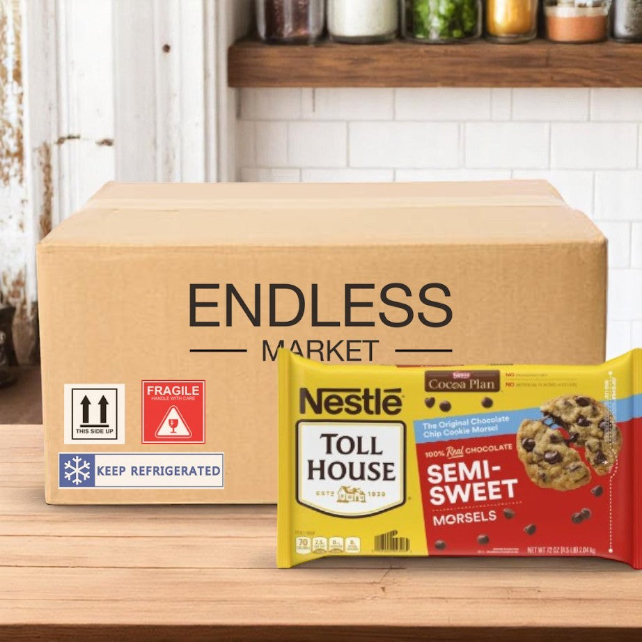 A Nestle Toll House Semi-Sweet Chocolate Chip Morsels, 4 lb 8 oz bag, sits on a kitchen counter in front of a cardboard box labeled "Endless Market.