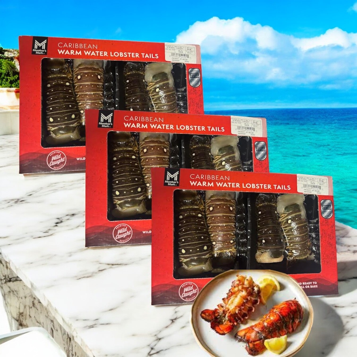 Three boxes of Easy Lunches Member's Mark Warm Water Lobster Tails, Frozen, 4 Count-3 Pack are on a marble counter by the ocean, with a plate of cooked lobster tails garnished with lemon slices in front.