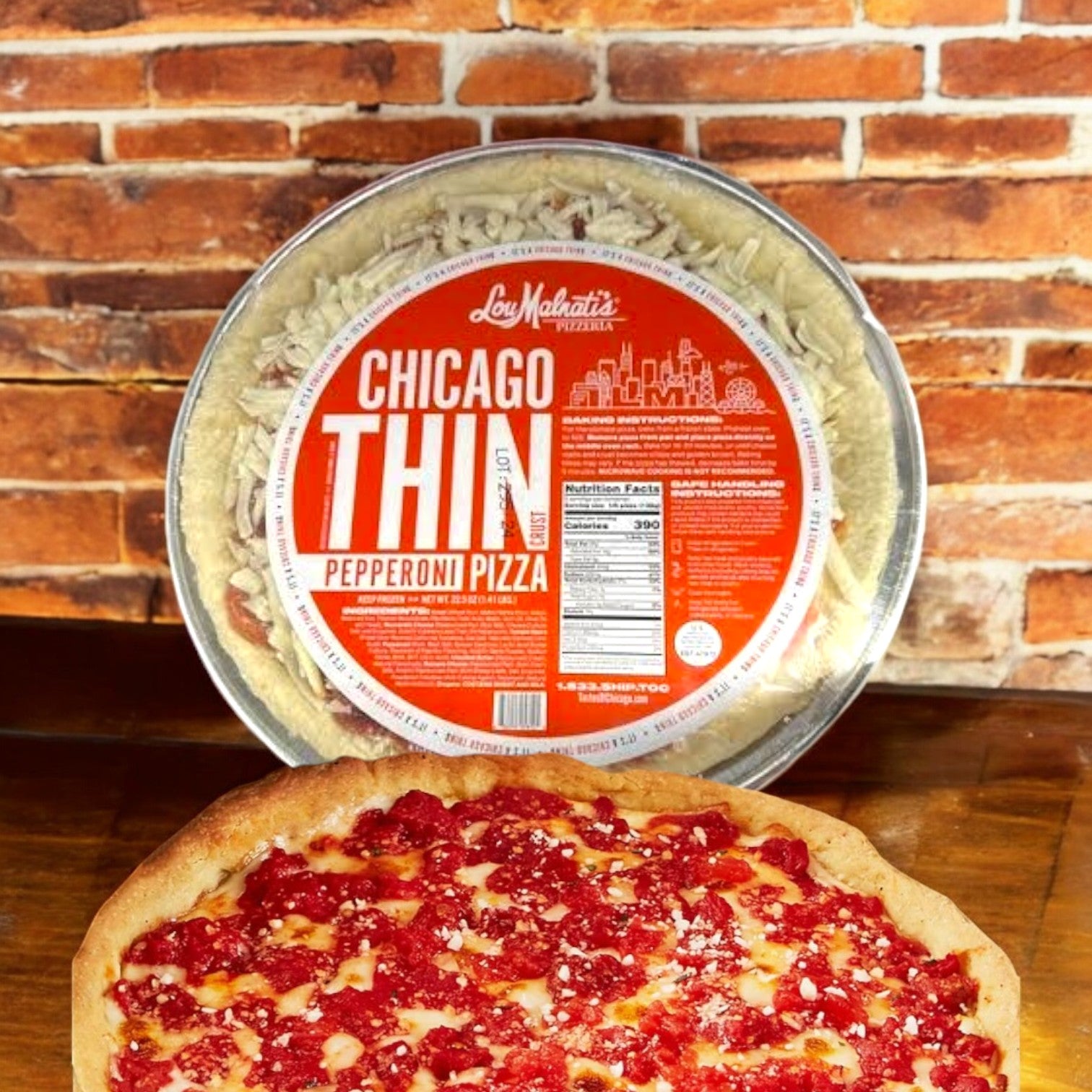 A 22.5 oz. Lou Malnati's Chicago Thin Pepperoni Pizza, renowned for its authentic flavor, rests in its packaging on a wooden table with a brick wall backdrop.