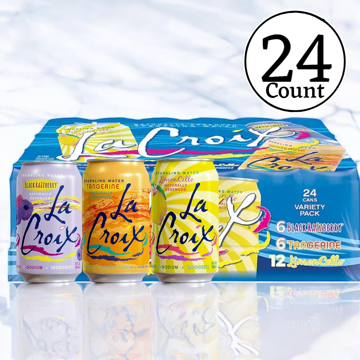 A 24-pack of LaCroix Sparkling Water Variety Pack, featuring 6 Black Razzberry, 6 Tangerine, and 12 Limon Cello flavors in 12 fl. oz. cans with three cans displayed in front of the box, all made with natural fruit essence and zero calories.