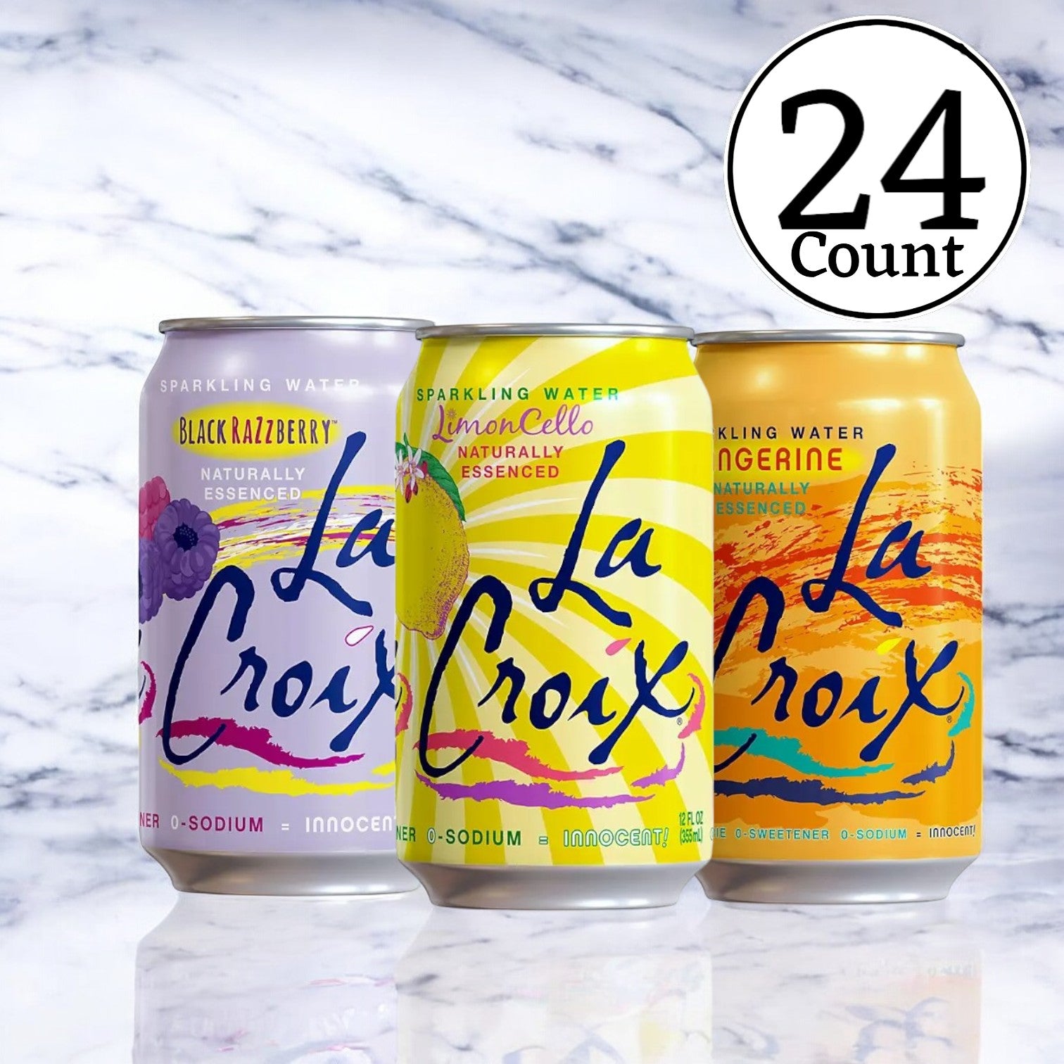 A 24-count case of LaCroix Sparkling Water Variety Pack, presenting three delightful flavors: Black Razzberry, Limon Cello, and Tangerine. Savor the natural fruit essence with zero calories in every refreshing sip.