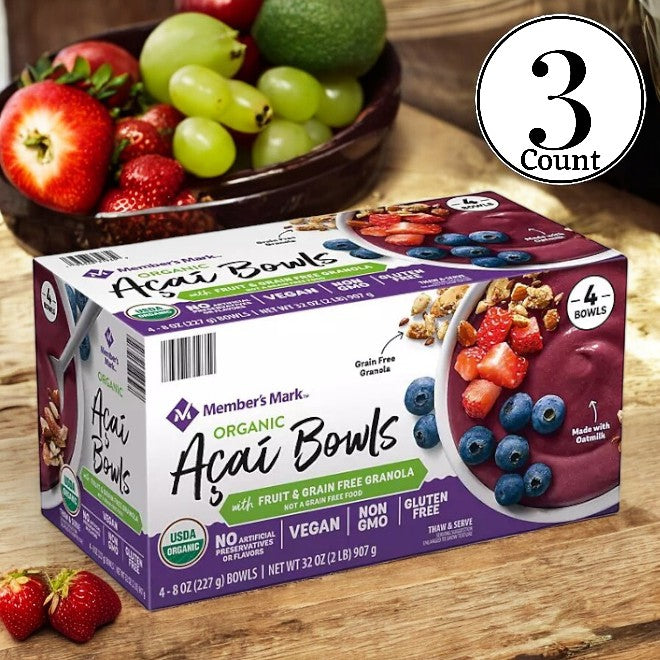 Member's Mark provides an Organic Acai Bowl with grain-free granola, fruit, and boasts vegan, non-GMO, and gluten-free attributes. These high-quality products are attractively packaged with bright fruit images and come in a "4 Ct" box across 3 boxes, all offered at competitive prices.