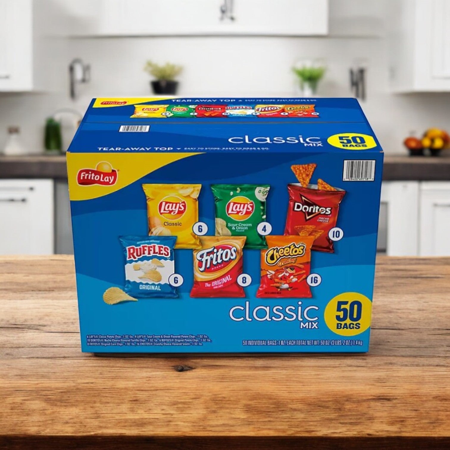 A Frito Lay Classic Mix, 1 oz, Variety Pack, 50 Count sits on a wooden table in a cozy kitchen with Lay's, Doritos, Ruffles, Fritos, and Cheetos.