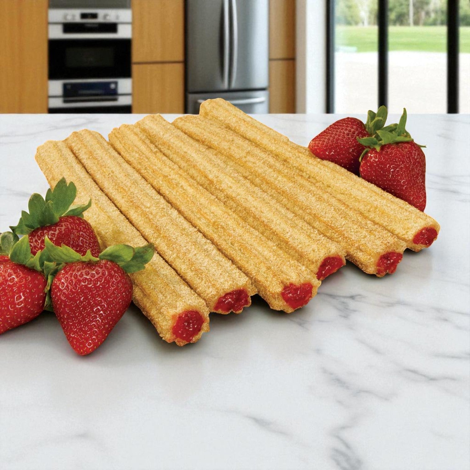 Six Sabor Nuestro Strawberry Churros Cinnamon Sticks (10") are arranged on a marble countertop with three whole strawberries, while kitchen appliances and a window appear in the background.