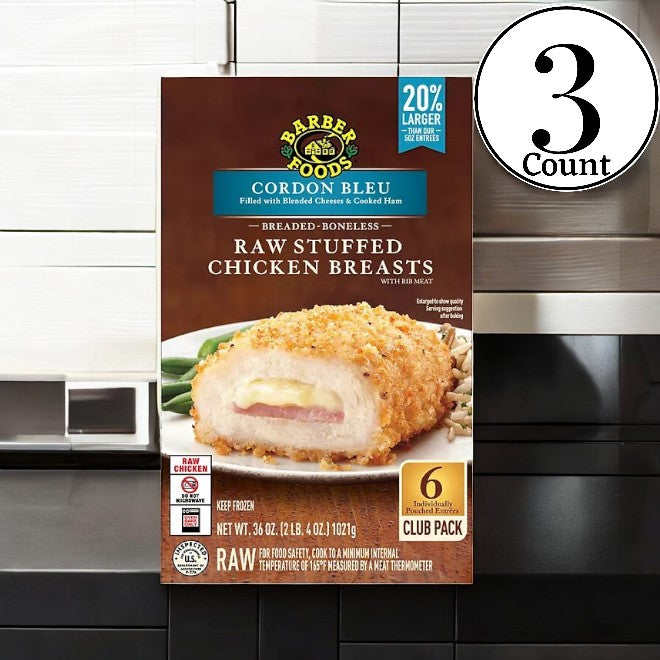 Barber Foods Stuffed Cordon Bleu Chicken Breast, Frozen, 6 ct,- 3 Cases