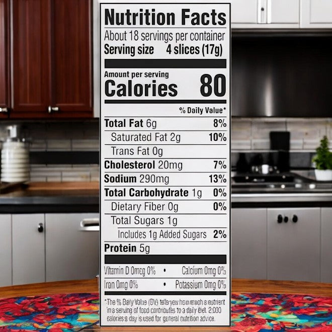 A nutrition label on a kitchen table displays Hormel Black Label Fully Cooked Bacon's details: smoky flavor, 80 calories/serving, 6g total fat, 290mg sodium, 1g carbs, and 5g protein per serving.