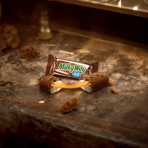 A partially unwrapped and broken Fun Size MilkyWay from Mars, with caramel oozing out, placed on a rustic wooden surface.