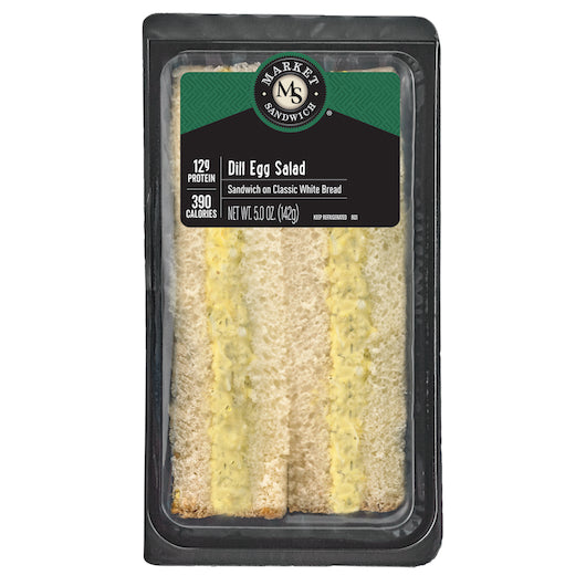 Plastic-wrapped E.A. Sween dill egg salad sandwich on white bread with nutritional information and brand label on the packaging, similar to those found in the "Deli Salad Variety Pack! 3 - Chicken Salad Sandwich, 3 - Dill Egg Salad, 3 - Albacore Tuna Salad Sandwich. 9 Total Items!