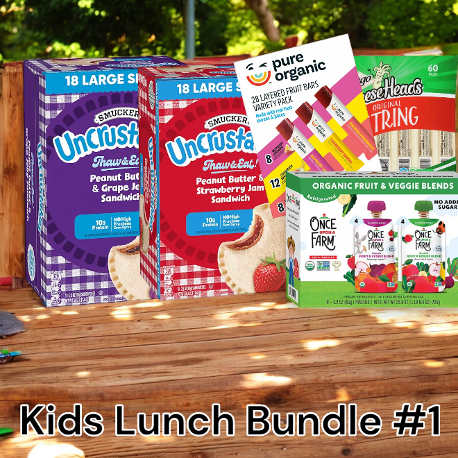 Boxes of 28 Organic Pure Fruit Bars, 8 Once Upon a Farm Fruit & Veggie Blends, 18 Jelly Grape Uncrustables, 18 Strawberry Jam Uncrustables, and a 60-Pack of String Cheese are displayed with text reading "Easy Lunches: Kids Lunch Bundle #1 - Nutritious Lunches. Free Shipping.