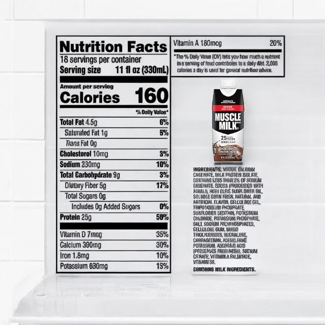 Close-up of a Muscle Milk Protein Shake, Chocolate-3 Cases nutrition label featuring calories, fats, sodium, carbohydrates, and protein content with a small image of the container on the right.