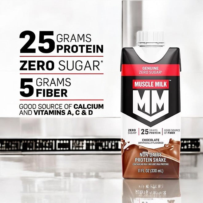 Muscle Milk Protein Shake, Chocolate-3 Cases offers a delicious chocolate flavor with 25g of protein for muscle recovery, 0 sugar, 5g fiber, and added vitamins A, C, and D. It's non-dairy and ideal for your fitness needs.