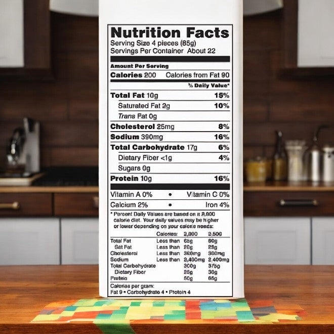 Close-up of an Easy Lunches nutrition facts label on a box of Yummy Dino Buddies Chicken Nuggets-67 Oz-3 Bags, set against a kitchen background. The label reveals the serving size, calories, and nutritional information per serving, embodying the high-quality products and competitive prices that discerning shoppers expect.