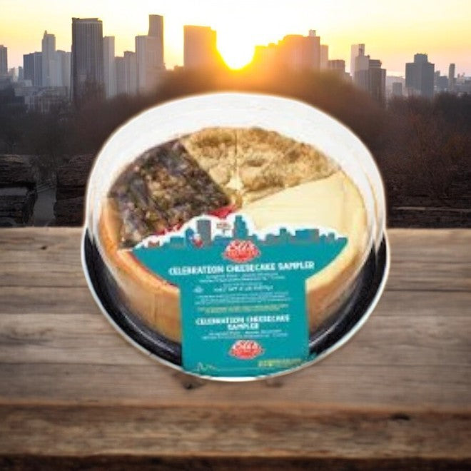 A sampler of Eli's Cheesecake flavors in a clear container, framed by a sunset city skyline, embodies Chicago's essence. Enjoy this Easy Lunches offering along with Vienna Beef Franks 40-Pack Hot Dogs! Free shipping included.