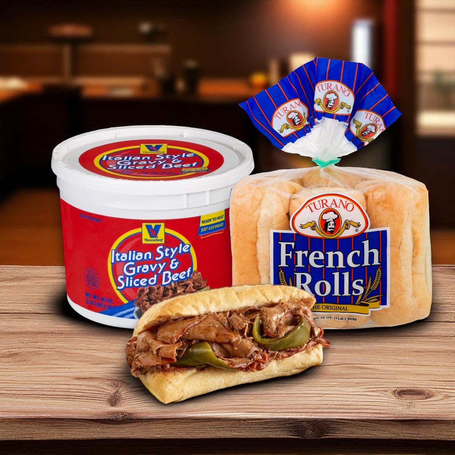 Vienna Beef® Italian Style Gravy & Sliced Beef Frozen Meal, 36 oz. & Turano French Rolls, 16 oz. – Classic Chicago Sandwich Kit