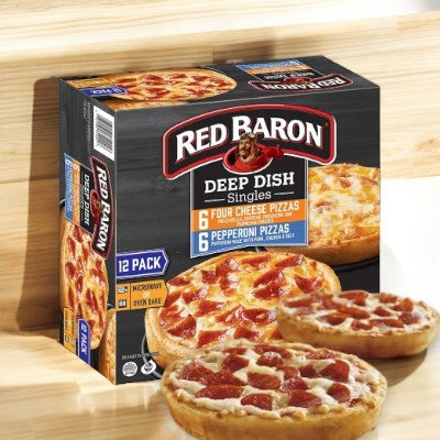 Box of Red Baron Frozen Pizza Deep Dish Singles featuring twelve pizzas, with six four cheese and six pepperoni. Two pepperoni pizzas are shown outside the box. A quick and satisfying meal for any time.