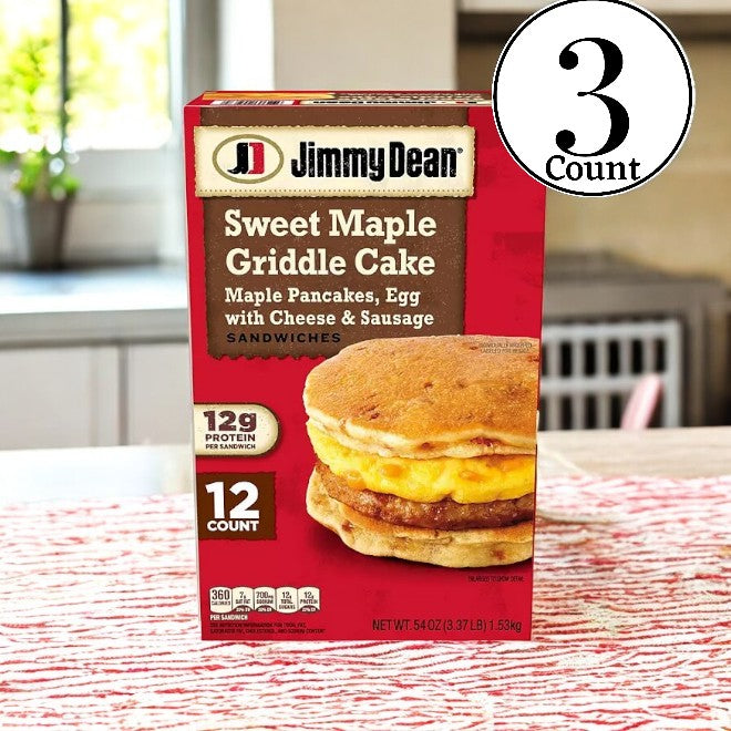 Indulge in a box of Jimmy Dean Sweet Maple Griddle Cake Breakfast Sandwiches, featuring savory sausage patties nestled between fluffy pancakes with egg and cheese. Each box contains 12 delicious sandwiches, providing 12g of protein per serving.