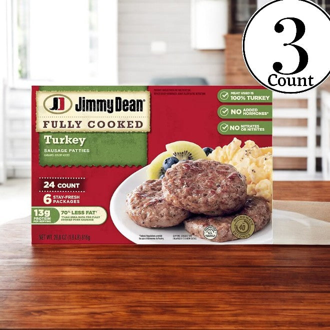 Box of Jimmy Dean Fully Cooked Turkey Sausage Patties, 24 count across 3 cases, displayed on a wooden table, providing lean protein with 13g per serving—ideal for a hearty breakfast.