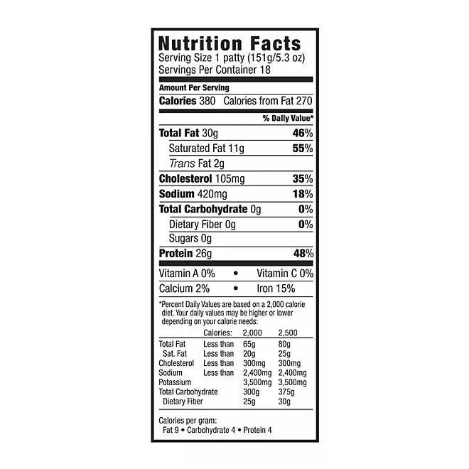 The black and white label for Member's Mark 80/20 Ground Angus Beef Patties (1/3 lb, frozen) details 380 calories, 30g fat, 105mg cholesterol, 420mg sodium, 0g carbs, and 26g protein per premium Angus beef patty—perfect for grilling enthusiasts.