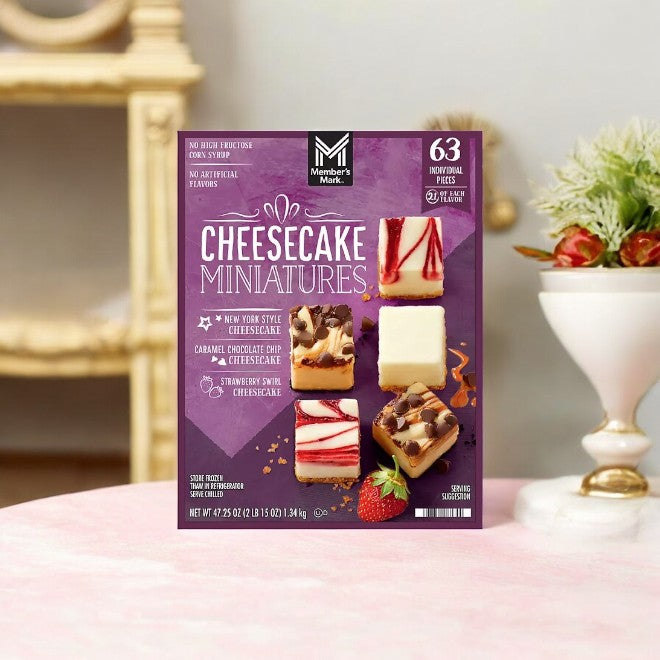 A Member's Mark Cheesecake Mini's Variety Pack is on the table, featuring bite-sized delights in three irresistible flavors: New York style, caramel chocolate chip, and strawberry swirl. With a total of 63 pieces inside, this assortment is perfect for any cheesecake enthusiast.