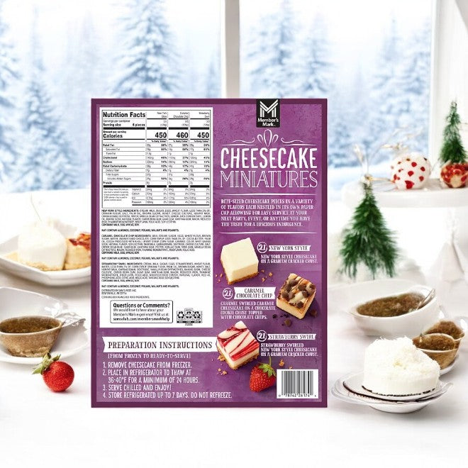 Experience the joy of the Member's Mark Cheesecake Mini's Variety Pack! Adorned with miniature trees and snowy decorations, these delectable bite-sized desserts add a whimsical touch to any holiday table. With detailed nutrition facts and straightforward preparation instructions, serving them is a breeze. Pair them with strawberries and cheesecake slices for an added festive flair.