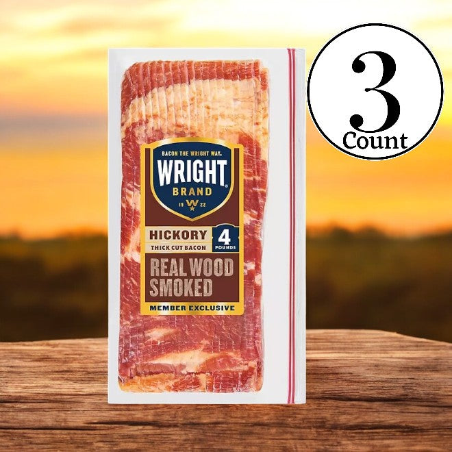 Wright Brand Thick Sliced Hickory Smoked Bacon, 4 lbs, 3 Count