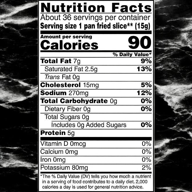 The Wright Brand Thick Sliced Hickory Smoked Bacon nutrition label details calories, fat, cholesterol, sodium, carbs, proteins per serving, daily value percentages, and vitamin/mineral info.