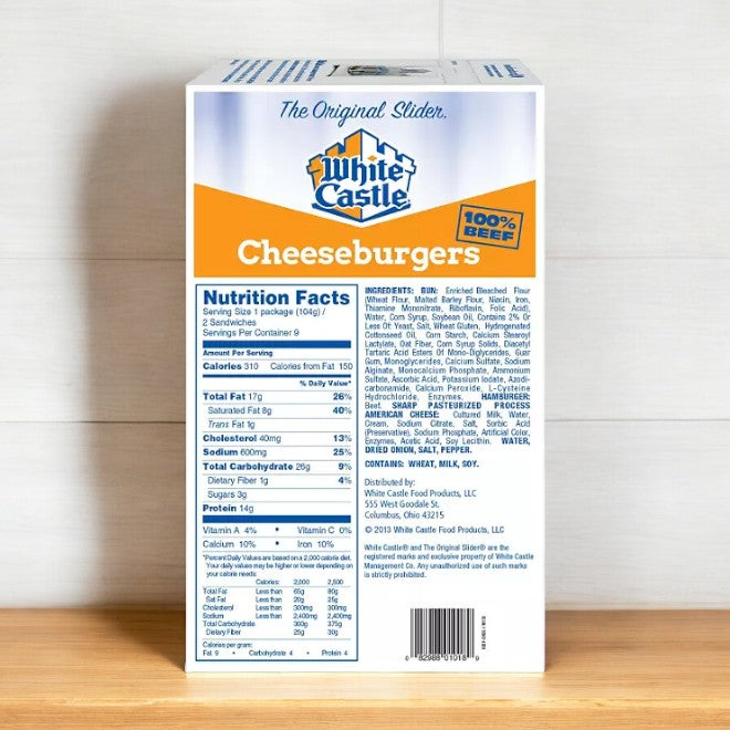 Back of an easylunches White Castle Time! 3 - 18 Count Cheeseburger Sliders box showing nutritional information and ingredient list, perfect for those seeking convenient microwave snacks.