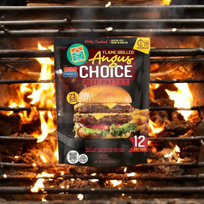 Package of Don Lee Farms Flame Grilled Angus Choice Beef Patties from Member's Mark, frozen and ready to sizzle on a flaming grill.