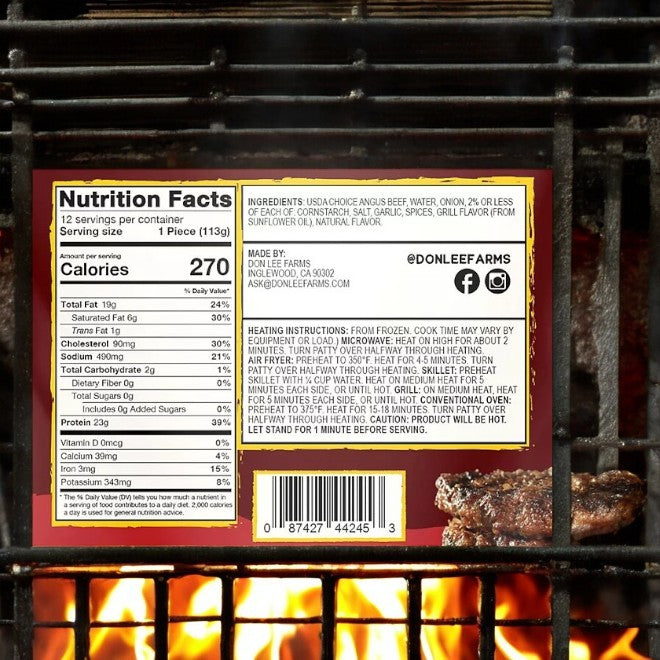 A package of Don Lee Farms Flame Grilled Angus Choice Beef Patties by Member's Mark is showcased against a flaming grill. Emphasizing its premium quality, the package features detailed nutrition facts, ingredients, and cooking instructions, all available at competitive prices.