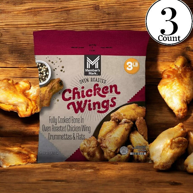 A bag of Oven Roasted Wings by Member's Mark, weighing 3 pounds and featuring a crispy exterior without any added artificial preservatives, is displayed among cooked chicken wings on a wooden surface.