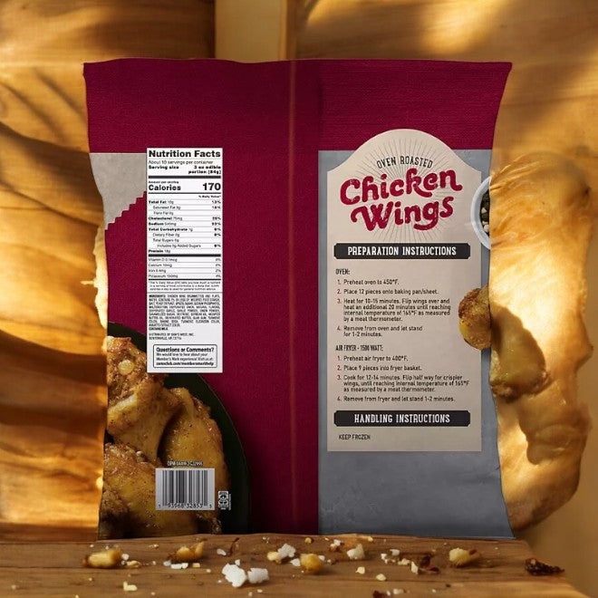 A bag of Member's Mark Oven Roasted Wings, frozen and weighing 3 pounds, offers a crispy exterior along with preparation and nutrition information on the packaging. These wings are crafted without added artificial preservatives for a wholesome treat.