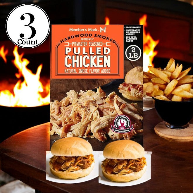 Member's Mark Seasoned Pulled Chicken-3 Count sits in front of a cozy fireplace, offering ready-to-eat delight. Savor two pulled chicken sandwiches paired with a bowl of crispy fries—a truly versatile meal for any occasion.