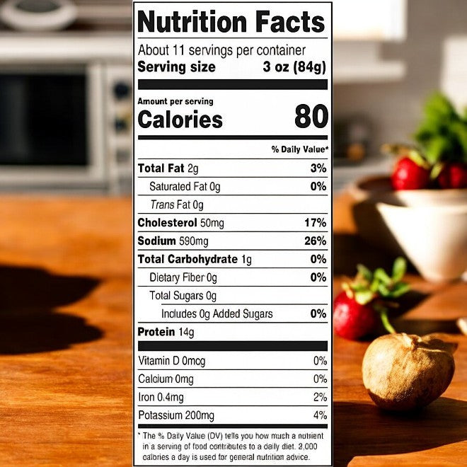 Close-up of a nutrition facts label displaying values for Member's Mark Seasoned Pulled Chicken-1 Count with 80 calories per 3 oz serving. Contains details on fat, cholesterol, sodium, carbohydrates, and protein.