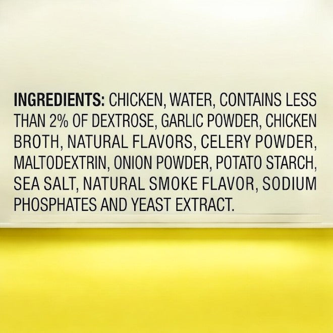 Ingredients for Member's Mark Seasoned Pulled Chicken are displayed on a wall, beginning with chicken and water, including several seasonings and additives, and concluding with yeast extract.