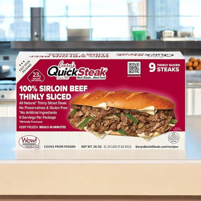 Introducing Gary's 100% Sirloin Beef QuickSteak, a frozen offering that comes in a set of three boxes, each weighing 2.25 lbs. This product features premium sirloin beef thinly sliced for speedy meal prep. Enjoy the benefits of high protein content and no preservatives, with nine servings included per box. The packaging showcases a delicious beef sandwich loaded with onions and cheese.