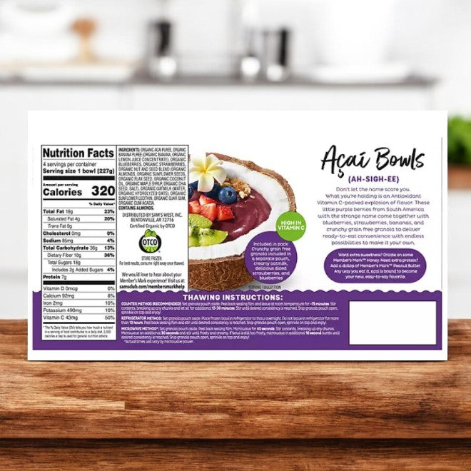 Member's Mark Organic Acai Bowl, Frozen, 4 Ct, 3 Boxes