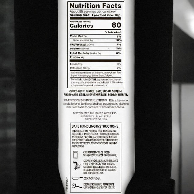 A close-up of the Member's Mark Double Smoked Thick Cut Bacon label reveals nutrition facts, including 80 calories per serving, and ingredients. The label highlights its smoky flavor and thick-cut features, with safe handling instructions and preparation tips conveniently printed at the bottom.