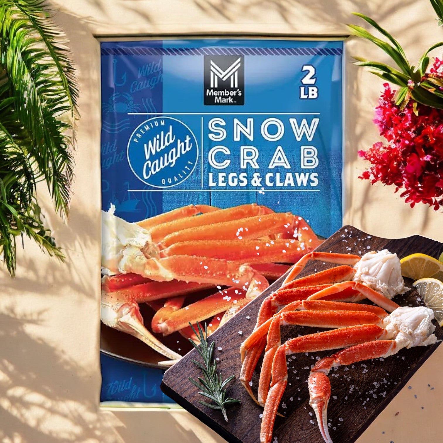 Member's Mark Wild Caught Snow Crab Legs and Claws, 2 lbs. are elegantly arranged on a wooden board with rosemary, lemon, and butter, creating a seafood feast atmosphere. Encircled by vibrant green and red plants.