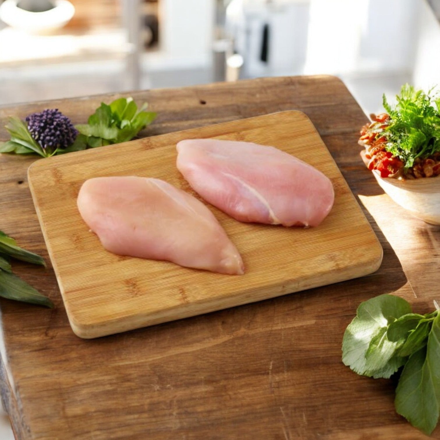 A Kirkland Signature Fresh Boneless Skinless Chicken Breast sits on a wooden cutting board, surrounded by fresh herbs on a rustic wooden table.