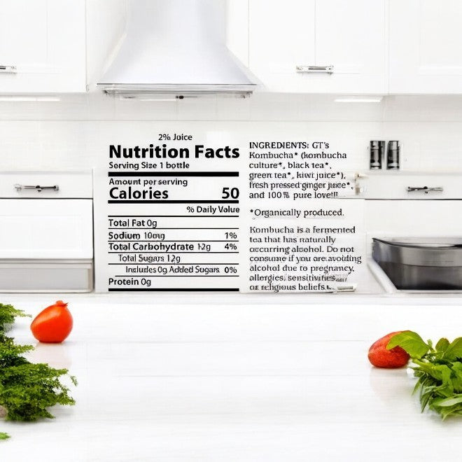 A kitchen counter with fresh herbs and tomatoes is accentuated by a wall displaying a clear nutrition facts label and ingredient list for GT's Organic Raw Kombucha Gingerade-3 Count-18 Total Bottles.