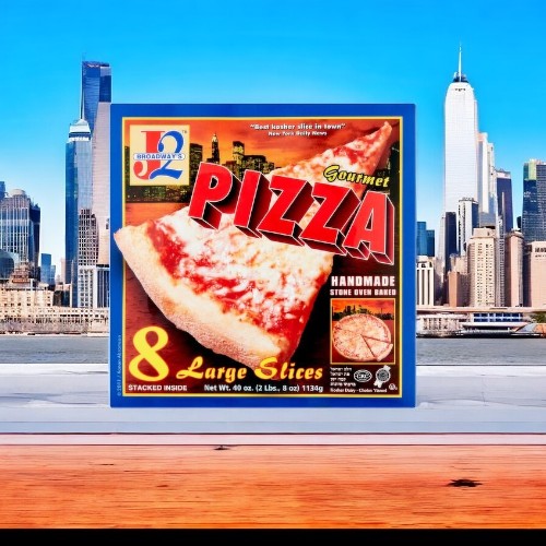 J2L Broadway presents the J2 Broadway's Large Slices Gourmet Pizza: Experience large, handmade slices bursting with bold flavors, all showcased against a breathtaking city skyline on our packaging.