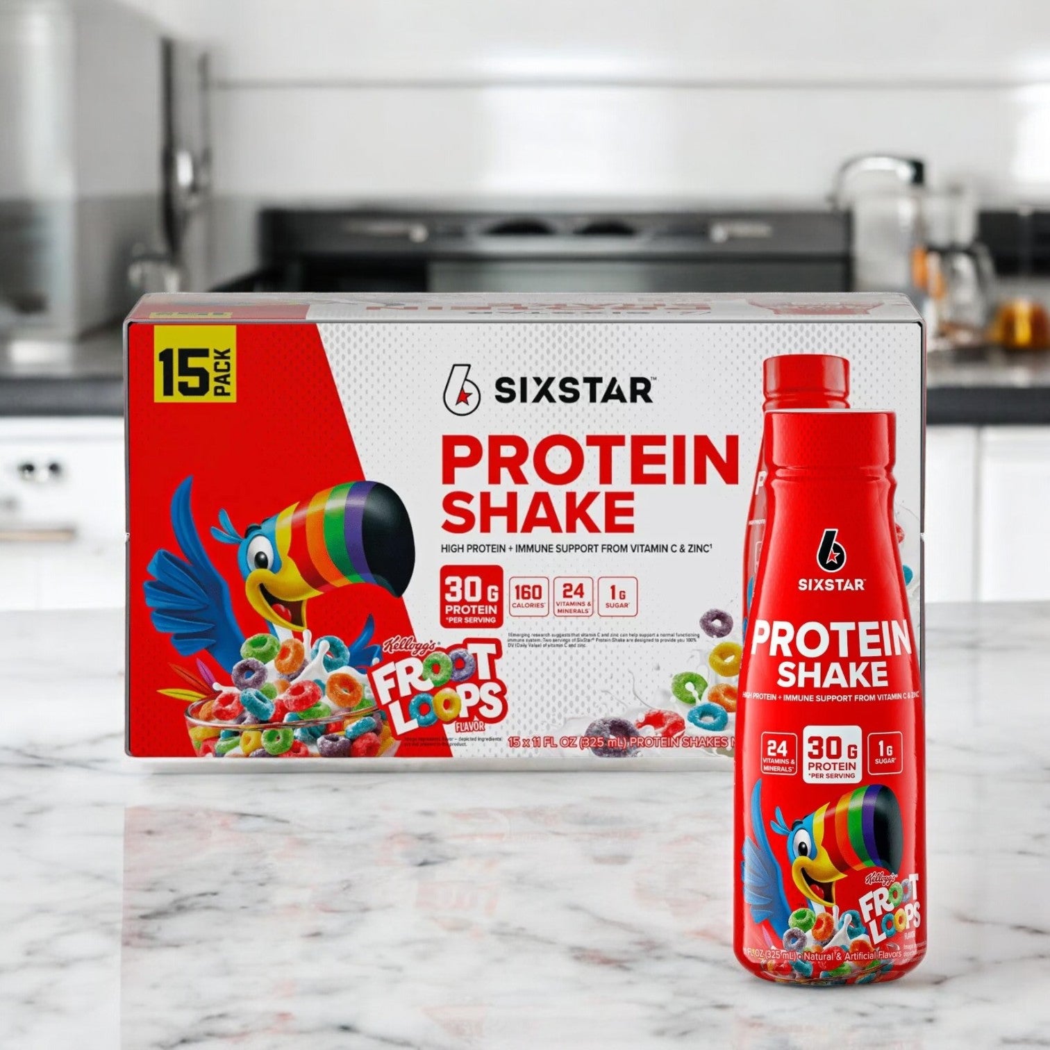 A Six Star Kellogg's Froot Loops Protein Shake package with a colorful bird and cereal on a kitchen counter showcases nutritional info, including 30g of high-quality whey protein and essential vitamins and minerals.