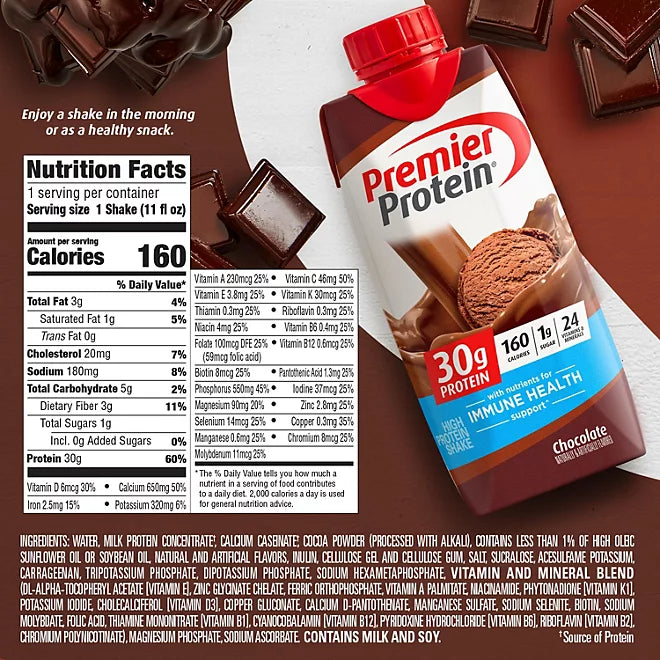 Premier Protein 30g High Protein Shake, Chocolate, 11 fl. oz., 15 pk,- 1 Case