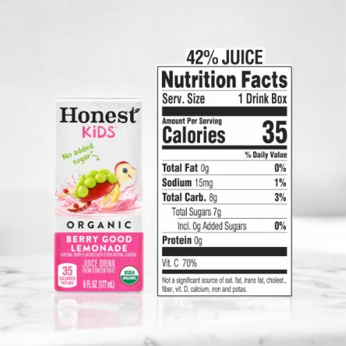 A 6 oz box of Honest Kids Berry Good Lemonade, featuring USDA certified organic fruit juices, contains the following nutrition facts: 35 calories, 42% juice, 0g total fat, 15mg sodium, 8g carbohydrates, 7g total sugars, and 0g protein.