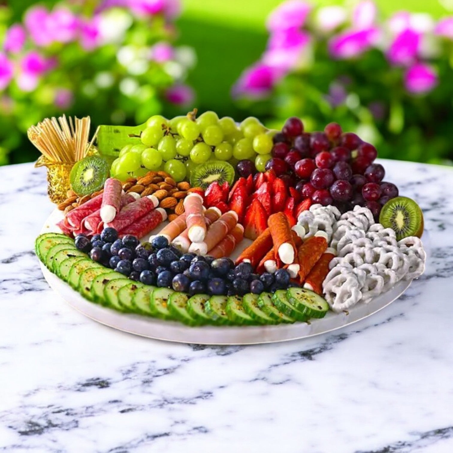 A marble table outdoors hosts a spread featuring Easy Lunches' Formaggio Cheese Artisan Meat & Mozzarella Variety Wraps, complemented by grapes, strawberries, blueberries, kiwi slices, cucumber slices, carrot sticks, and pretzels.