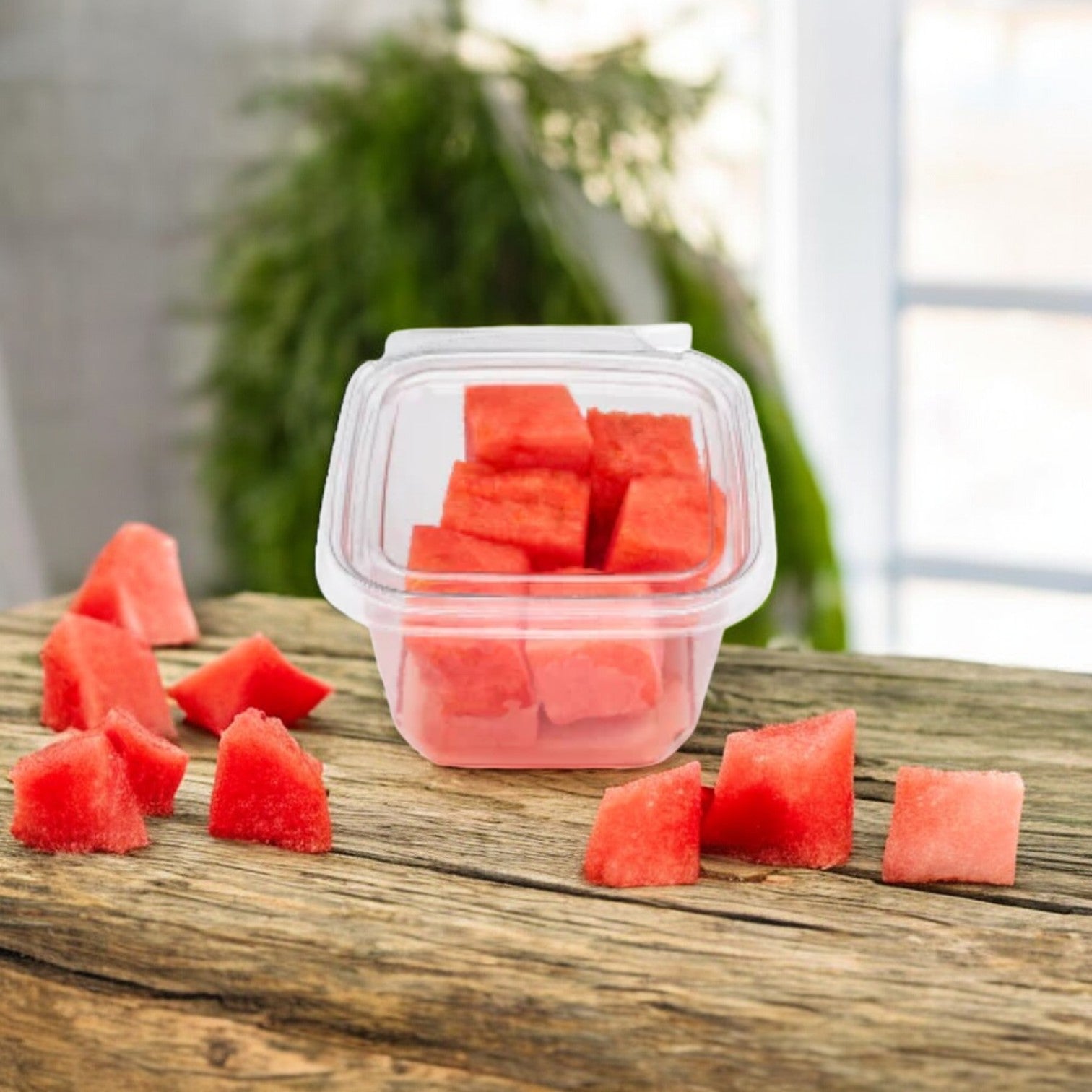 A clear container of Easy Lunches' Watermelon Chunks Fresh, 2.5 oz., sits on a wooden surface, promising freshness with a 7-day shelf life amid a blurred green backdrop hinting at nutrition-rich greenery.