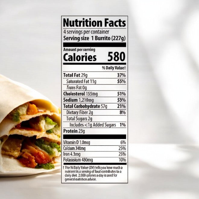 A detailed view of a protein-rich Three Bridges Egg and Sausage Breakfast Burrito, sliced in half next to a nutrition facts label that provides information about its calorie and nutrient content per serving size of one burrito (227g). This delicious breakfast option is perfect for those looking for a substantial start to their day.