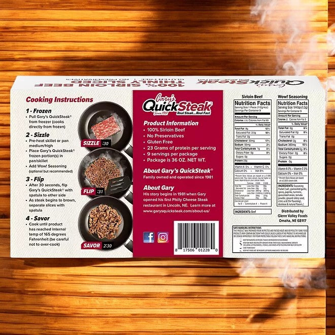 Three boxes of Gary's 100% Sirloin Beef QuickSteak, frozen and weighing 2.25 lbs each, with savory beef cooking instructions, nutritional facts, and product information displayed on the packaging, are positioned on a wooden surface with steam swirling around them.