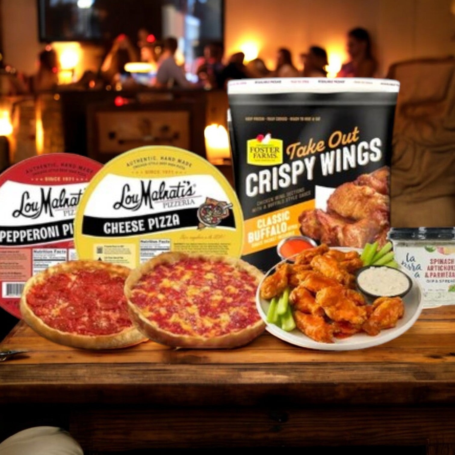 Big Game Combo! 2 Lou's Pizza's, Chicken Wings And Spinach Dip!! Perfect For Parties!  Free Shipping!!!