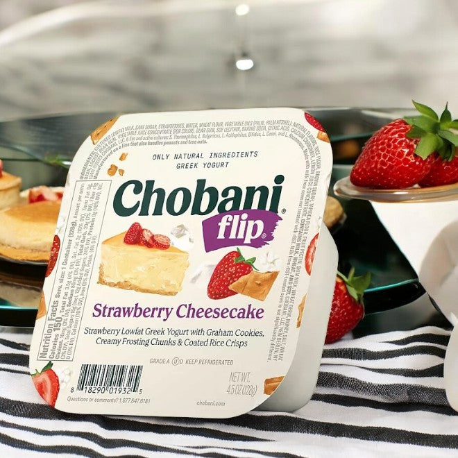 Chobani Flip Lowfat Greek Yogurt Variety Pack, featuring strawberries and cheesecake bites, is a delightful addition to your yogurt collection.